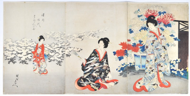 “Meiji beauties”. Driedelige ingekleurde houtsnede, gesigneerd en gedateerd 1897.