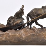 “Man met paardenslee”. Een groep van bruingepatineerd brons. Zweepje manco. Gesigneerd en met gieterijstempel van Woerffel, St. Petersburg.