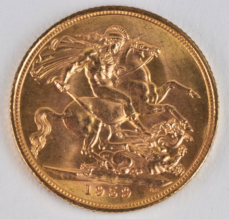 “Sovereign 1959”. Een 22 karaats geel gouden munt. Elizabeth II.
