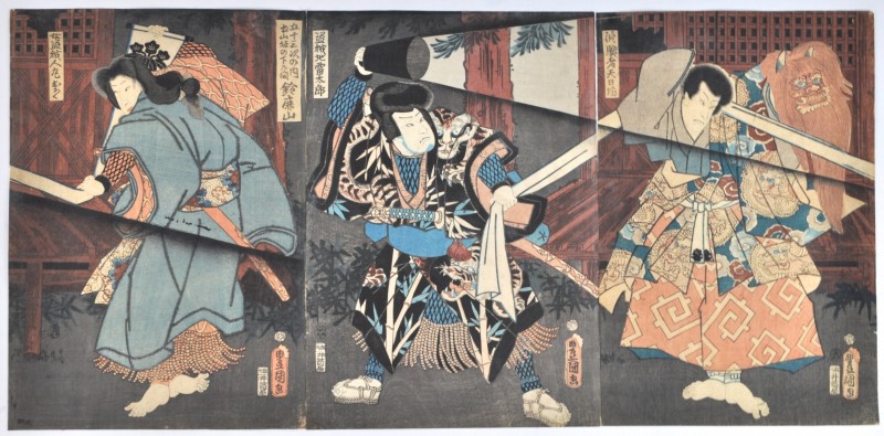 Drie personages uit het kabukitheater. Drie ingekleurde houtsneden, omstreeks 1854.