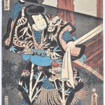 Drie personages uit het kabukitheater. Drie ingekleurde houtsneden, omstreeks 1854.