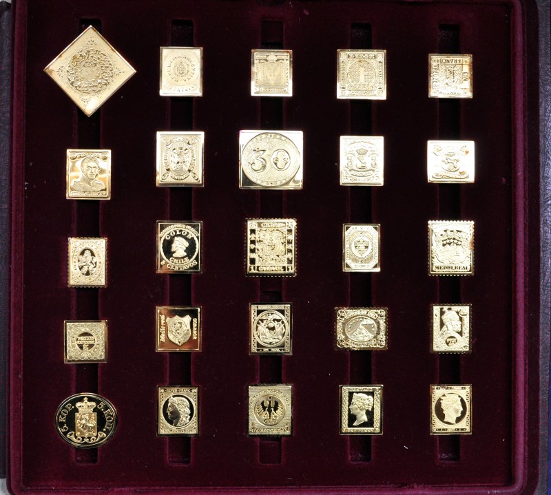 Een verzamelmap met de officiële uitgaven van de eerste postzegels in vermeil.