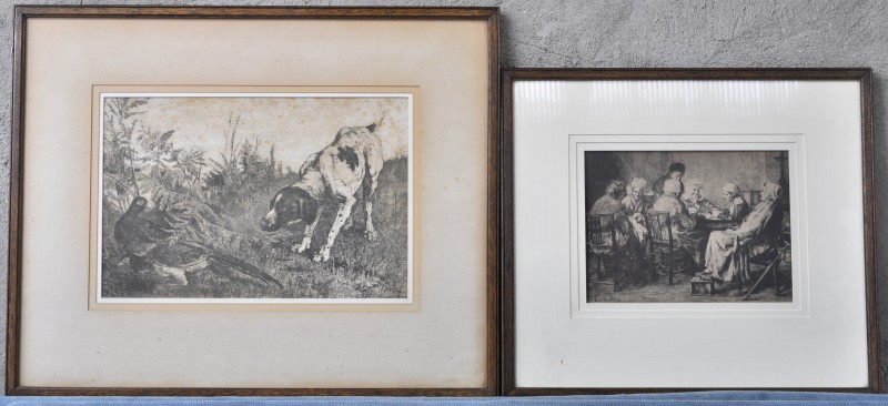 Een lot van twee gravures:- “De kaartspeelsters”. In de plaat gesigneerd ‘Leo Van Aken’.- “Jachthond bij fazanten”. In de plaat gesigneerd ‘Verlat’.