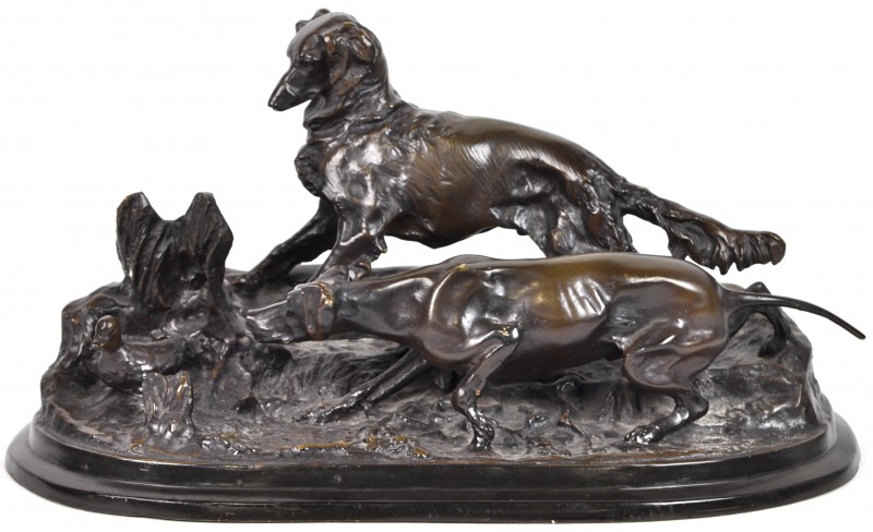 “Jachthonden”. Een groep van donkergepatineerd brons. Naar een werk van P.J. Mêne.
