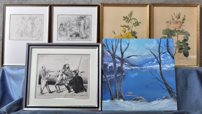 Een lot van vier reproducties, waarvan twee naar Redouté, een olieverfschilderijtje en een lithografie met een spotprent.