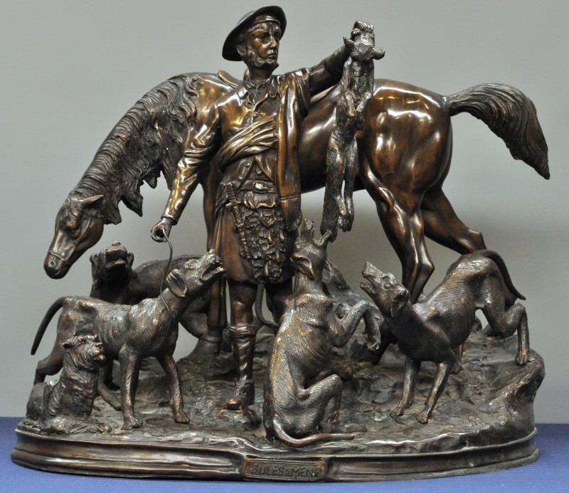 Groep met een jager, een paard en jachthonden. Naar P.J. Mène.