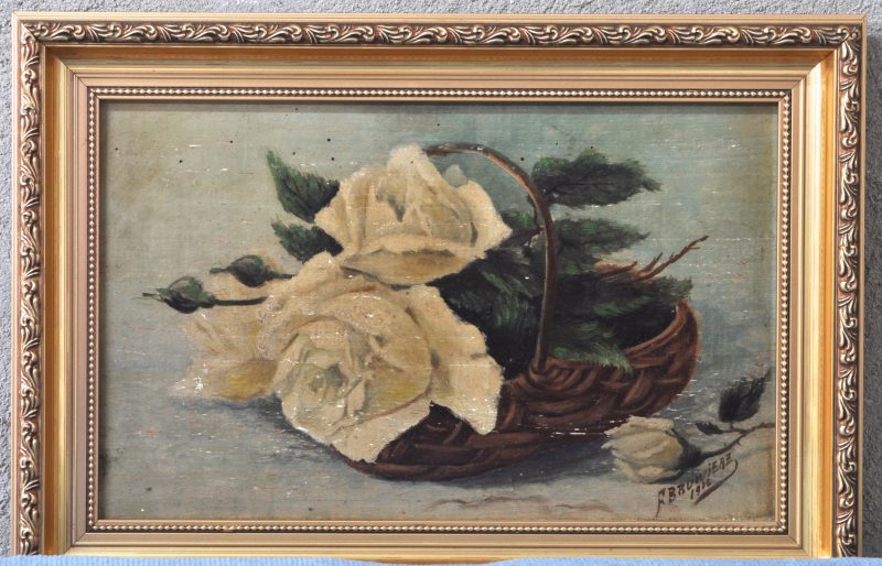 “Stilleven met rozen”. Olieverf op doek. Gesigneerd en gedateerd 1916.
