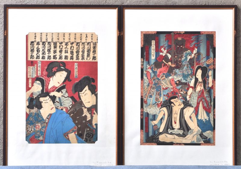 Een paar ingekleurde Japanse prenten. Beiden gesigneerd. Tweede helft XIXe eeuw.