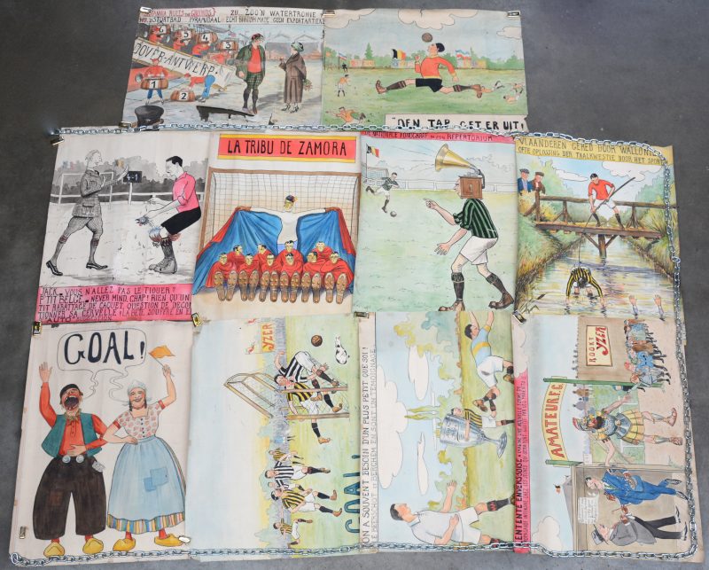 Negen cartoons m.b.t. Belgisch voetbal uit de jaren 40-50. Oost-Indische inkt en waterverf op papier. Sommige in slechte staat.