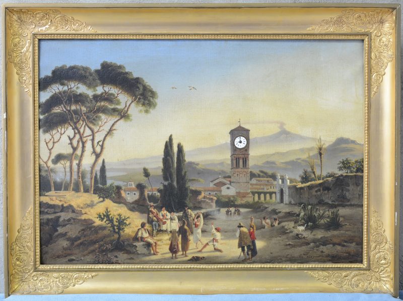 “Dorpstafereel aan de Etna”. Een ‘Bilderuhr’. Olieverf op doek. Gesigneerd en gedateerd 1829.