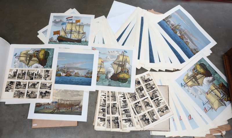 Een grote partij gravures. 4 diverse kleurenlitho’s van oude maritieme scènes (telkens 100 exemplaren) en het ontwerp voor 12 postkaarten met zichten op Gent door Herman Verbaere (100 exemplaren). Drukkerij Weissenbruch, “imprimerie du roi”.