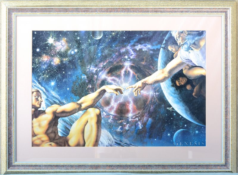 “Genesis”. Een prent met een afbeelding gebaseerd op “De schepping” van Michelangelo.