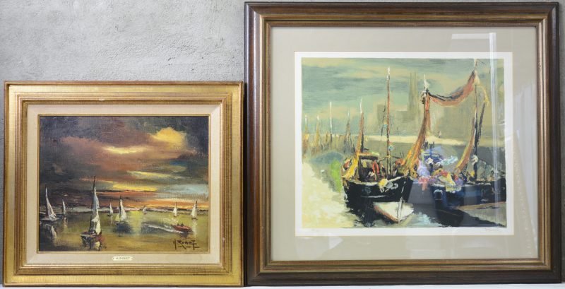 “Vissersboten”. Een olieverfschilderrij, gesigneerd ‘H. Rowet’ en een zeefdruk.