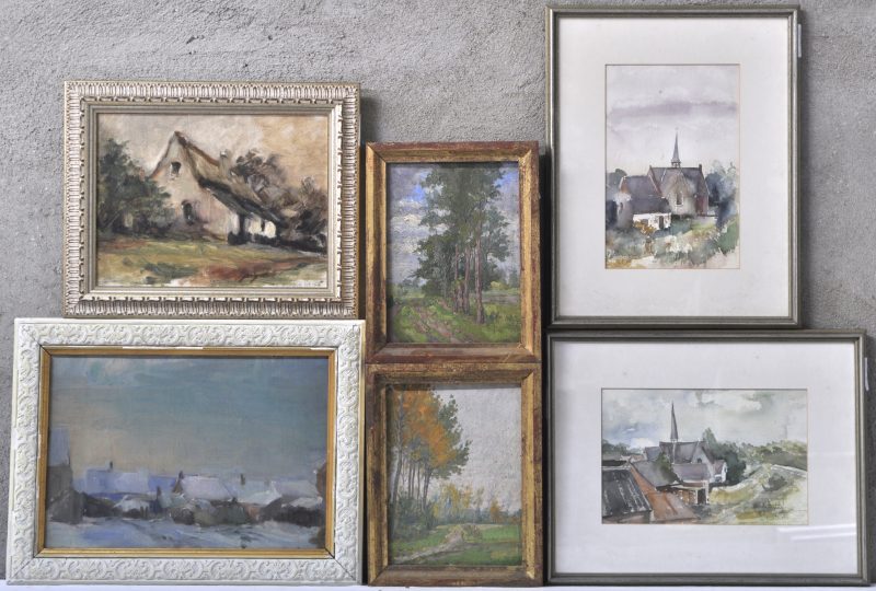 Lot van zes kleine landschappen, waarvan twee aquarels en vier paneeltjes.