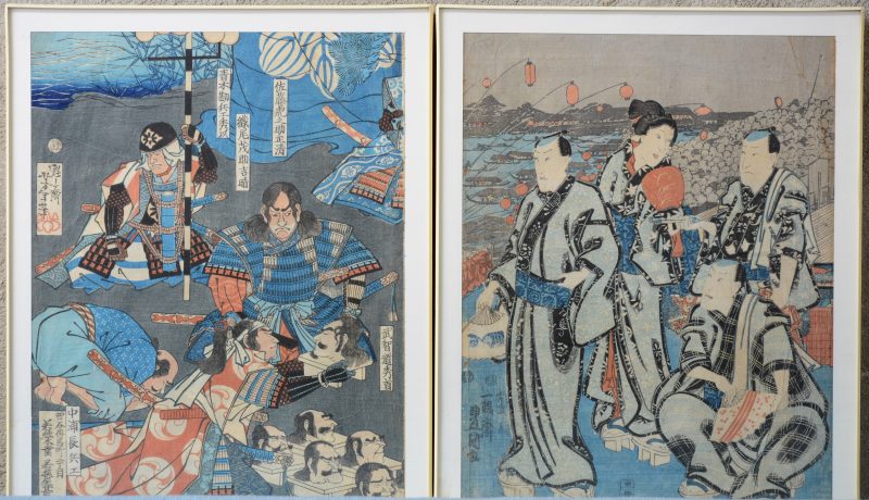 Een paar oude Japanse ingekleurde houtsnedes met Geisha’s en krijgers. Beide gesigneerd. XIXe eeuw.