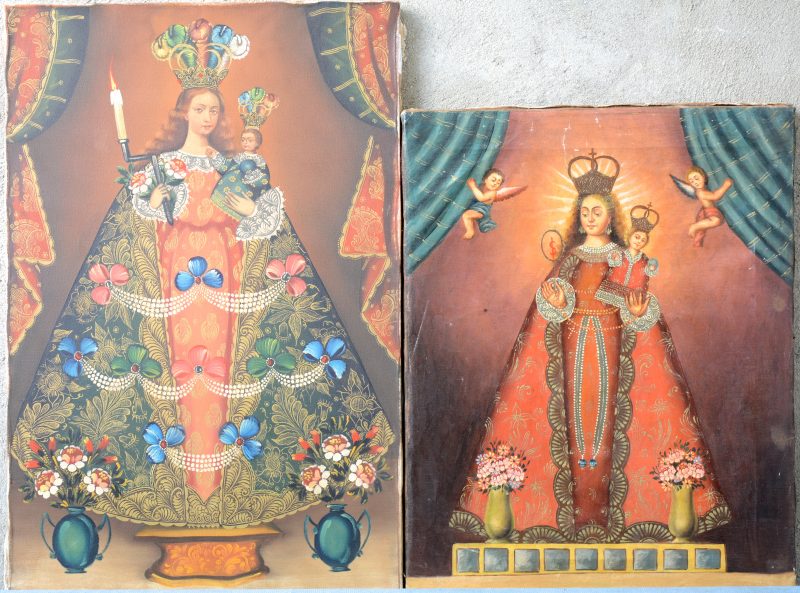 Twee Madonna’s met kind. Op doek. Zuid-Amerikaans werk.