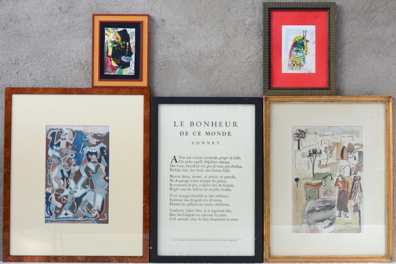 Vijf grafische werken: twee tekeningen door Andor Komives (1993 en 1994), een dubbelzijdige aquarel door A. Cogun, een zeefdruk en een exemplaar van “Le Bonheur de ce Monde, Sonnet”.