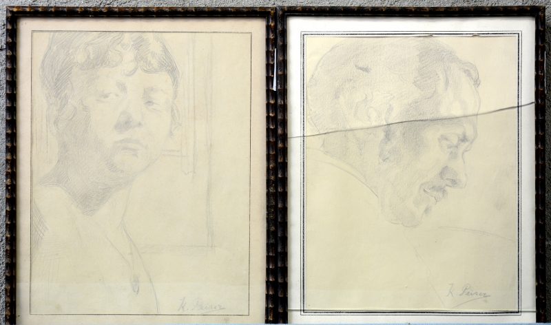 Een paar portretten in potlood op papier. Gesigneerd K. Peiser. 1 ruitje gebroken.