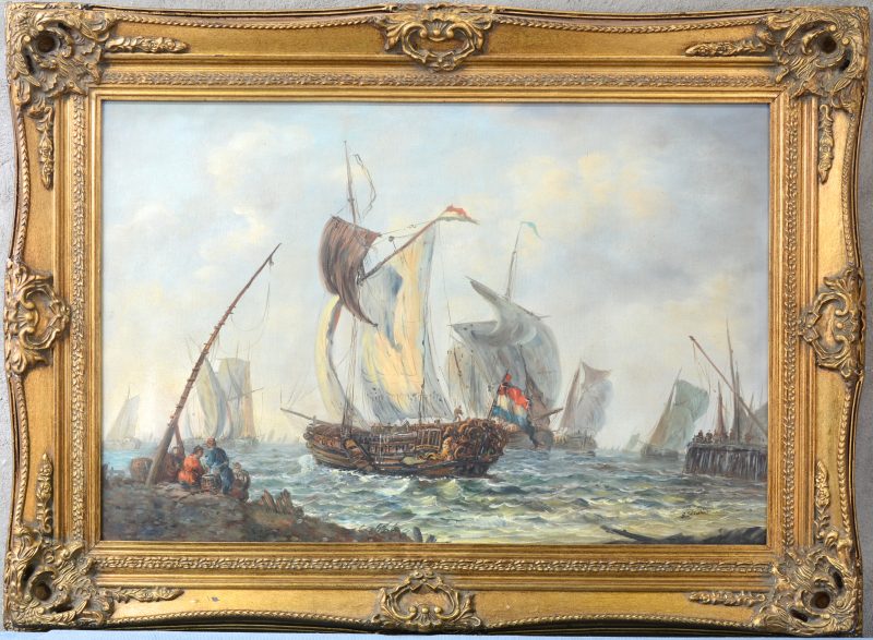 “Zeeslag naar de Hollandse School van de XVIIde eeuw”. Olieverf op paneel. Gesigneerd Selderslag.