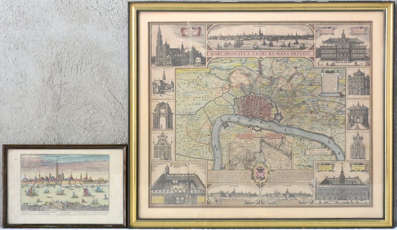 Een oude rasterdruk met een kaart van Antwerpen en omgeving, omringd door afbeeldingen van haar grootste bijzonderheden. Ca. 1675. We voegen er een oude ingekleurde ets met een zicht op Antwerpen aan toe.
