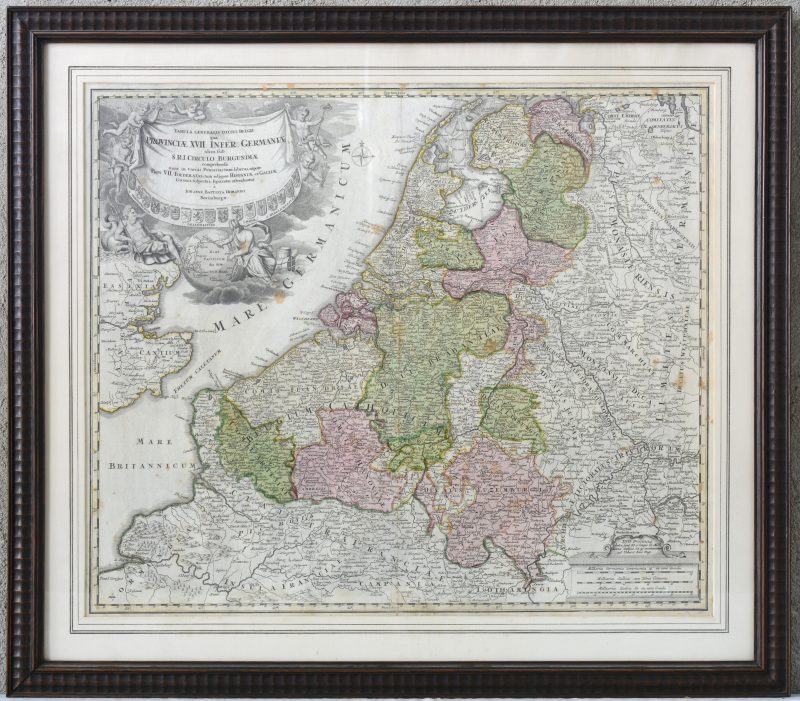 “Tabula Generalis Totius Belgii qua Provincia XVII Infer Germania olim fub S.R.I. Circulo Burgundia”. Een oude ingekleurde kaart. Duitsland, 1716.