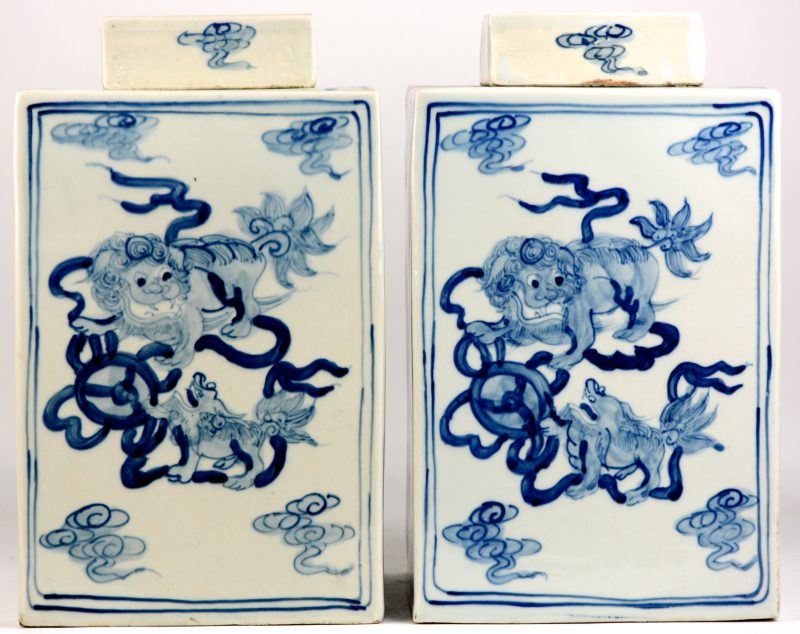 Een paar vierhoekige theebussen van blauw en wit Chinees porselein met een decor van Fo-honden.