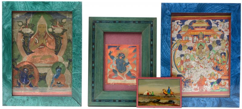 Drie kleine Boeddhistische aquarellen. Evenals een Mongoolse miniatuur.