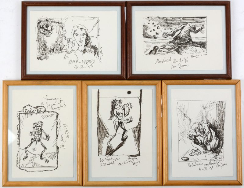 Vijf kleine litho’s van Luc Kennis met betrekking tot Spanje. En twee grotere gravures van dezelfde auteur. We voegen er een metaalkleurig hoogreliëf met Madonna en Kind aan toe.