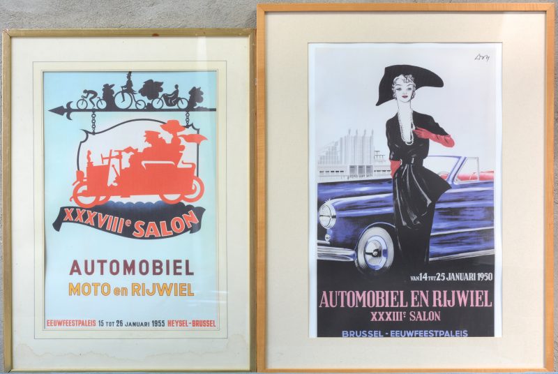 “Autosalon 1950 en 1955”. Twee affiches. Ingelijst.