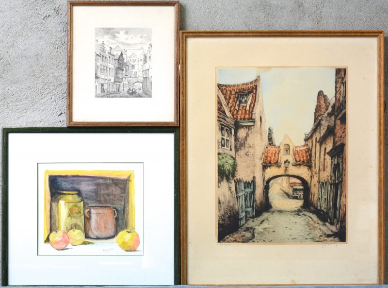 Een lot van drie werken, waaronder Linnig, een aquarel van Carpentier en een Stadszicht.