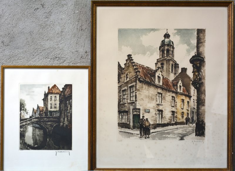 “Stadszicht te Brugge” & “St. Andrieskerk te Antwerpen”. Twee lithografieën. Gesigneerd en resp. genummerd 106/300 & 137/350 buiten de plaat.