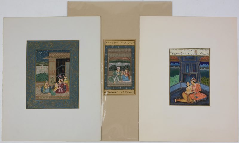 Drie Indische miniaturen. Aquarel en gouache op papier.