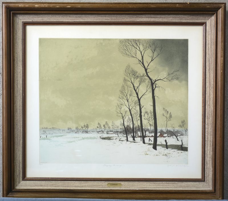 “Sneeuwlandschap”. Een kleurengravure naar een werk van Frans Coppens. Gesigneerd en genummerd buiten de plaat.