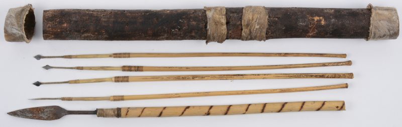 Pijlenkoker van hout en dierenhuid met daarin 5 pijlen met ijzeren puntjes. Papoea-NIeuw-Guinea.