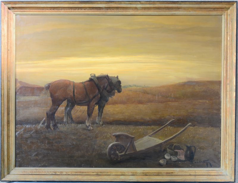 “Trekpaarden en een kruiwagen in een uitgestrekt landschap”. Olieverf op doek. Gesigneerd en gedateerd 1943.