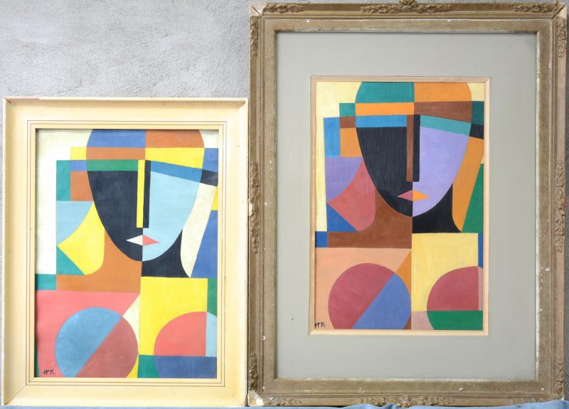 “Paar kubistische vrouwenfiguren”. Gemengde techniek. Gemonogrammeerd H.K.