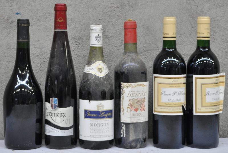 Lot rode wijn        aantal: 6 bt Rode wijn zonder etiket    M.P.    aantal: 1 bt Le Grimoire Vin de pays du Var  Vignerons de Grimaud M.P.    aantal: 1 bt Baron St Martin A.C. Faugères  Vignerons de Septimanie M.O.  1994  aantal: 2 bt Morgon A.C.   Jean Lafitte, Villefranche M.O.  1988  aantal: 1 bt Dom. de Denoix A.C. Bergerac  Claude Ledeme, Montcaret M.O.  1989  aantal: 1 bt