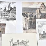 Een gevarieerd lot reproducties met o.a. drie delen uit de reeks “Guide International de l’Art”, een topografisch schilderij van Gent en een schilderij van H. Verbaere.
