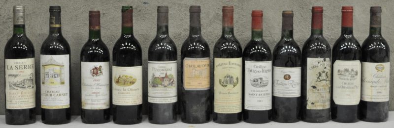 Lot rode wijn        aantal: 12 bt Ch. Tour des Termes A.C. St-Estèphe Cru bourgeois  M.C.  1983  aantal: 1 bt Ch. La Serre A.C. St-Emilion grand cru classé   M.C.  1985  aantal: 1 bt Ch. Lanessan A.C. Haut-Médoc Cru bourgeois supérieur  M.C.  1988  aantal: 1 bt Ch. Puygueraud A.C. Bordeaux Côtes de Francs   M.C.  1988  aantal: 1 bt Ch. de Pic A.C. 1e Côtes de Bordeaux   M.C.  1989  aantal: 1 bt Ch. Roudier A.C. Montagne-St-Emilion   M.C.  1989  aantal: 1 bt Ch. Grand-Puy-Ducasse A.C. Pauillac 5e grand cru classé  M.C.  1989  aantal: 1 bt beschadigd etiketCh. Les Ormes de Pez A.C. St-Estèphe Cru grand bourgeois  M.C.  1990  aantal: 1 bt Ch. Sociando-Mallet A.C. Haut-Médoc Cru grand bourgeois  M.C.  1990  aantal: 1 bt Ch. La Gineste A.C. Cahors   M.C.  1990  aantal: 1 bt Ch. L’Hermitage A.C. Médoc Cru artisan  M.C.  1995  aantal: 1 bt Ch. La Tour Carnet A.C. Haut-Médoc 4e grand cru classé  M.C.  1995  aantal: 1 bt