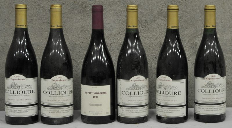 Lot rode wijn        aantal: 6 bt Le Fort Saint-Pierre A.C. Côtes de Roussillon  Georges Puig, Passa M.D.  2001  aantal: 1 bt Collioure Cuvée Cosprons Levants A.C. Collioure  Dom. du Mas Blanc, Banyuls M.O.  1994  aantal: 5 bt