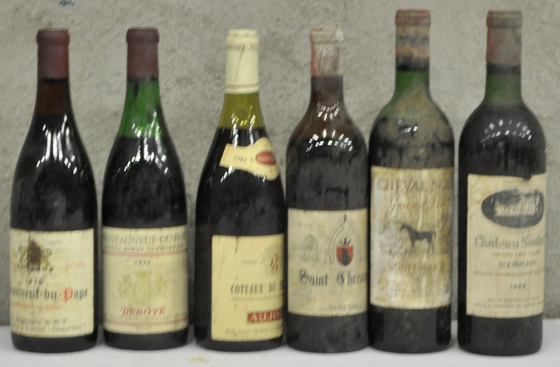 Lot rode wijn        aantal: 6 bt Châteauneuf-du-Pape A.C.  H. Deroye & Co, Beaune M.O.  1973  aantal: 1 bt Châteauneuf-du-Pape A.C.  H. Deroye & Co, Beaune M.O.  1976  aantal: 1 bt Coteaux du Tricastin A.C.  Aujoux, St-Georges-de-Reneins M.O.  1981  aantal: 1 bt Saint Christophe        aantal: 1 bt Cheval Noir A.C. St-Emilion   M.O.  1971  aantal: 1 bt lsCh. Soutard A.C. St-Emilion grand cru classé   M.C.  1966  aantal: 1 bt ts