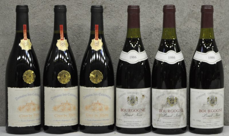 Lot rode wijn        aantal: 6 bt Dom. des Estrémières A.C. Côtes du Rhône   M.O.  1999  aantal: 3 bt Bourgogne Pinot Noir A.C.  Dom. Georges Guérin, Change M.P.  1986  aantal: 3 bt