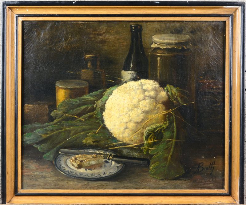 “Stilleven met bloemkool”. Olieverf op doek. Gesigneerd. XIXe eeuw.