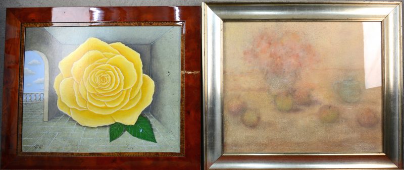 “gele roos” & “Stilleven met appels”. Twee schilderijen, waarbij het tweede van Eric Delvaux.