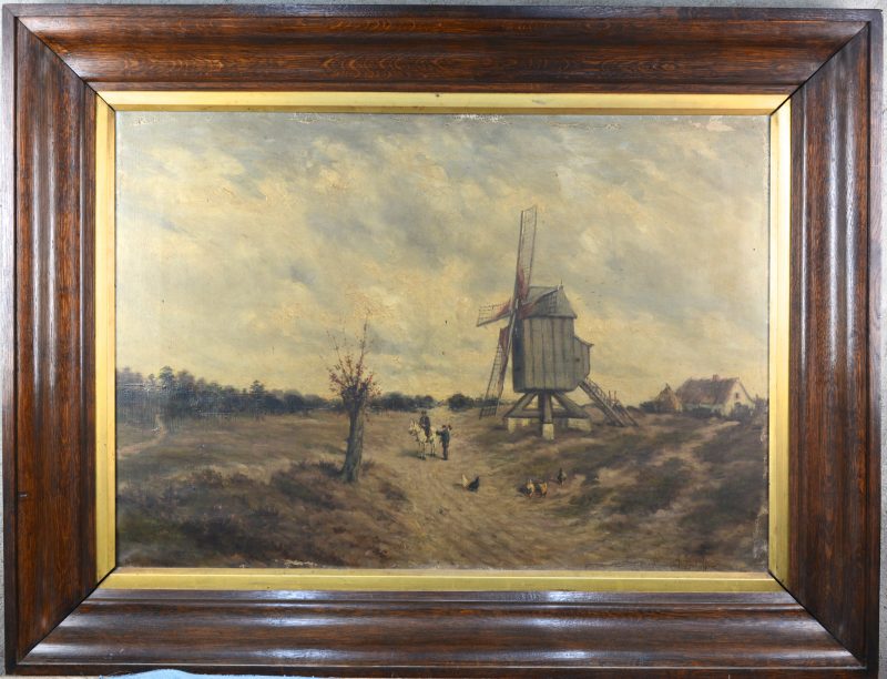 “Personages bij een molen”. Olieverf op doek. Gesigneerd. XIXe eeuw.
