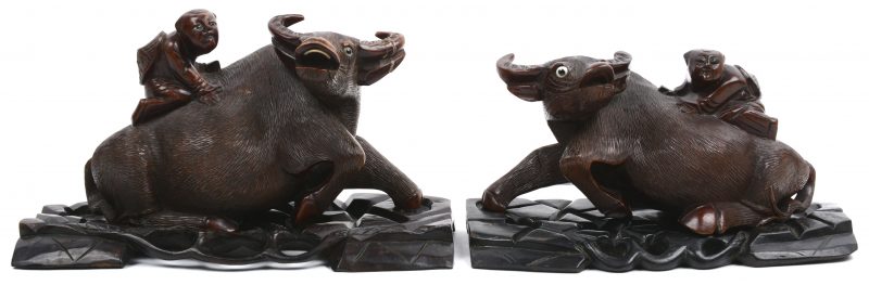 Een paar waterbuffels met een personage op de rug van gesculpteerd hout. Chinees werk. Op sokkels.