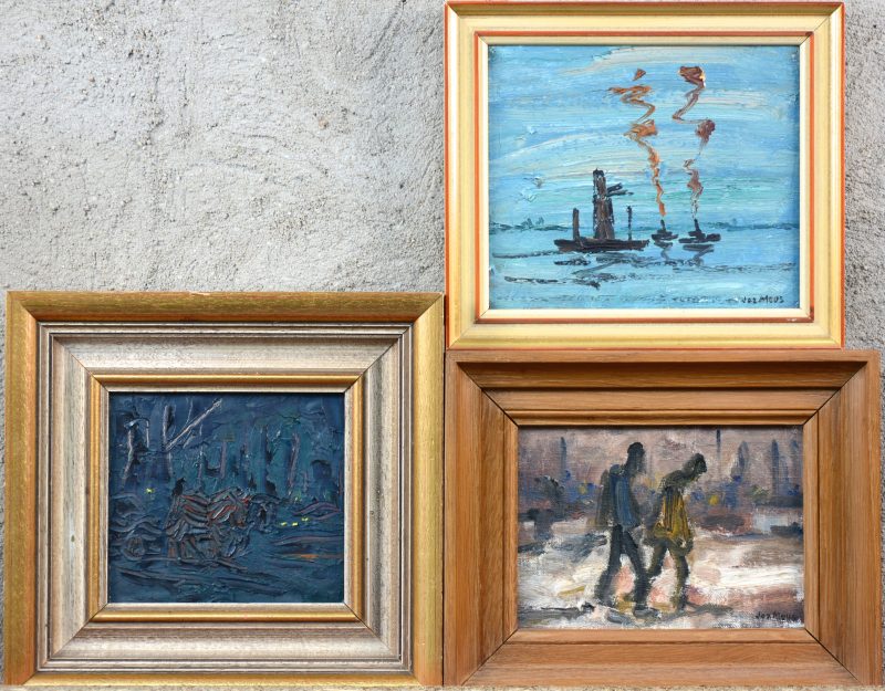 “Trekpaarden”; “Stoomschepen” & “Arbeiders”. Drie kleine olieverfschilderijtjes op paneel. Gesigneerd.