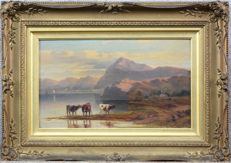 “Landschap met vee”. Olieverf op paneel. Gesigneerd. XIXe eeuw.