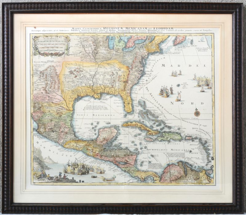 “Mappa Geographica, Regionem Mexicanam Et Floridam”. Een oude ingekleurde kaart. Ausberg, Ca. 1730.