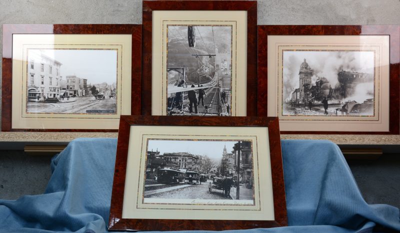 Vier zichten op San Francisco uit de late XIXe en vroege XXe eeuw. Reproducties van oude foto’s in kaders van wortelfineer.